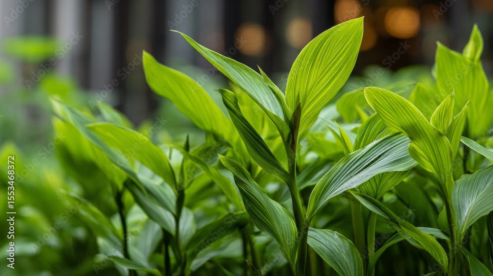 Obraz premium A serene image of turmeric plants growing in a lush garden, with large green leaves framing the scene, showcasing the natural beauty of this spice
