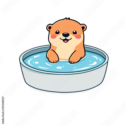 Cute Adorable Otter Enjoying a Relaxing Bath in a Shallow Bowl of Water