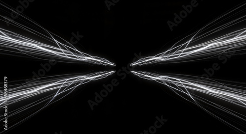 Abstract sharp white glowing lines on black background with motion effect