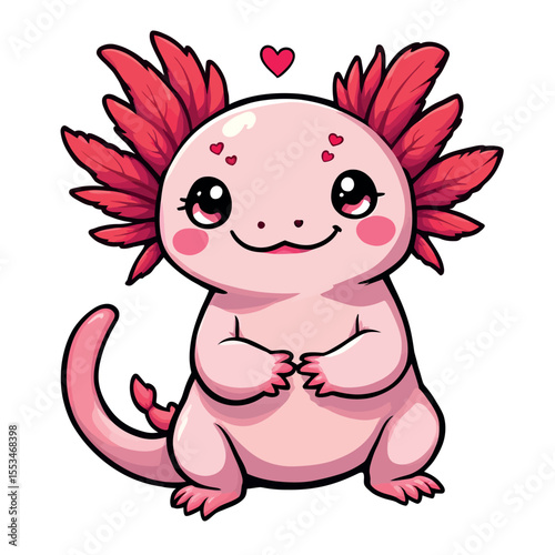 Adorable Pink Axolotl Character with Red Feathery Gills and a Tiny Heart Above Its Head