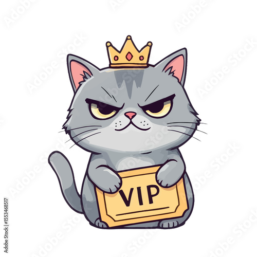 Grumpy VIP Cat with Crown and Golden Membership Card Vector Sticker