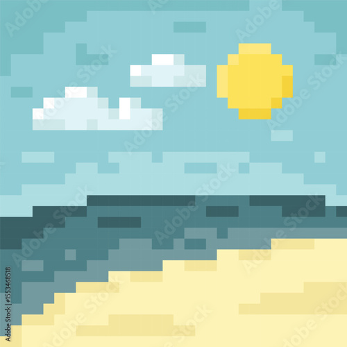 Beach, summer season. Vector background in 8 bit style