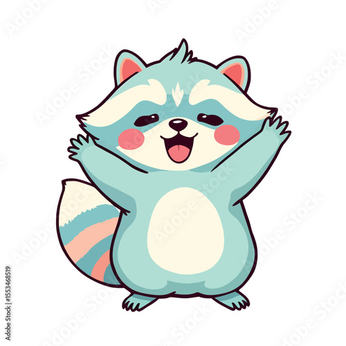 Adorable Cartoon Raccoon with Light Blue Fur and Pink Accents Raising Its Paws in a Joyful Gesture