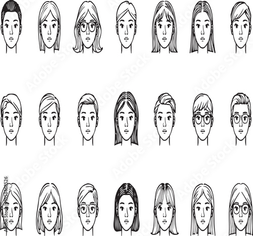 Collection of diverse female avatars with various hairstyles and accessories on a white background