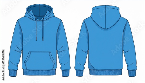 Blue Hoodie Mockup for Product Design - T-shirt Template for Logo Placement and Branding - Technical Outline for Hooded Vest for Apparel and Merchandise - Print File for Front and Back - Clothing