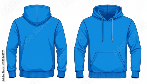 Blue Hoodie Mockup for Product Design - T-shirt Template for Logo Placement and Branding - Technical Outline for Hooded Vest for Apparel and Merchandise - Print File for Front and Back - Clothing