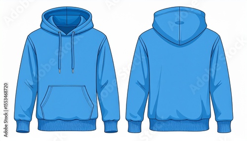 Blue Hoodie Mockup for Product Design - T-shirt Template for Logo Placement and Branding - Technical Outline for Hooded Vest for Apparel and Merchandise - Print File for Front and Back - Clothing