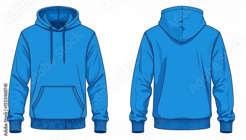 Blue Hoodie Mockup for Product Design - T-shirt Template for Logo Placement and Branding - Technical Outline for Hooded Vest for Apparel and Merchandise - Print File for Front and Back - Clothing