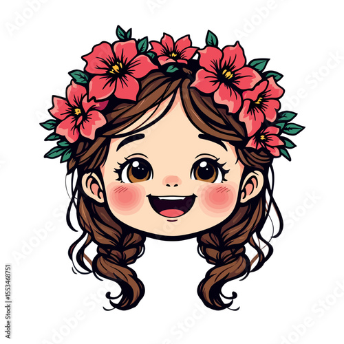 Adorable cartoon girl with flower crown and braided hair joyful expression vector illustration