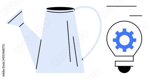 Minimalist blue watering can near gear-inside-lightbulb, expressing harmony of nurturing growth and innovative ideas. Ideal for business, creativity, sustainability, teamwork, growth, development
