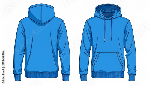 Blue Hoodie Mockup for Product Design - T-shirt Template for Logo Placement and Branding - Technical Outline for Hooded Vest for Apparel and Merchandise - Print File for Front and Back - Clothing
