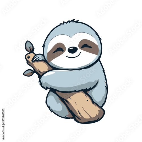 Cute Happy Sloth Hugging a Tree Branch Vector Sticker Design