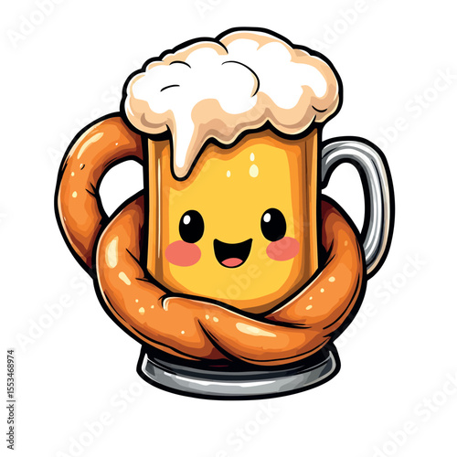 A Happy Cartoon Beer Mug Hugged Tightly By A Pretzel
