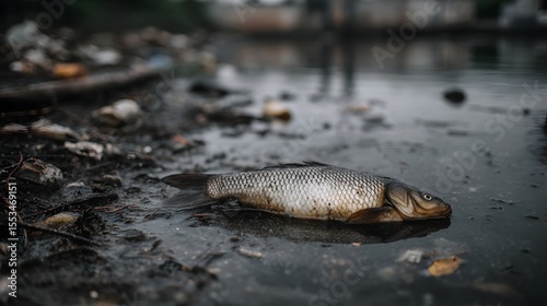A dead fish lies in polluted water surrounded by discarded trash