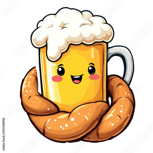Cute Kawaii Beer Mug Hugging a Pretzel Vector Sticker Art
