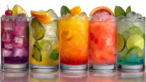 Colorful cocktails in glasses with ice and garnishes.