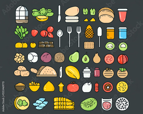Set of colorful nutrition icons highlighting balanced meals, macronutrient symbols, food portions, and healthy plating