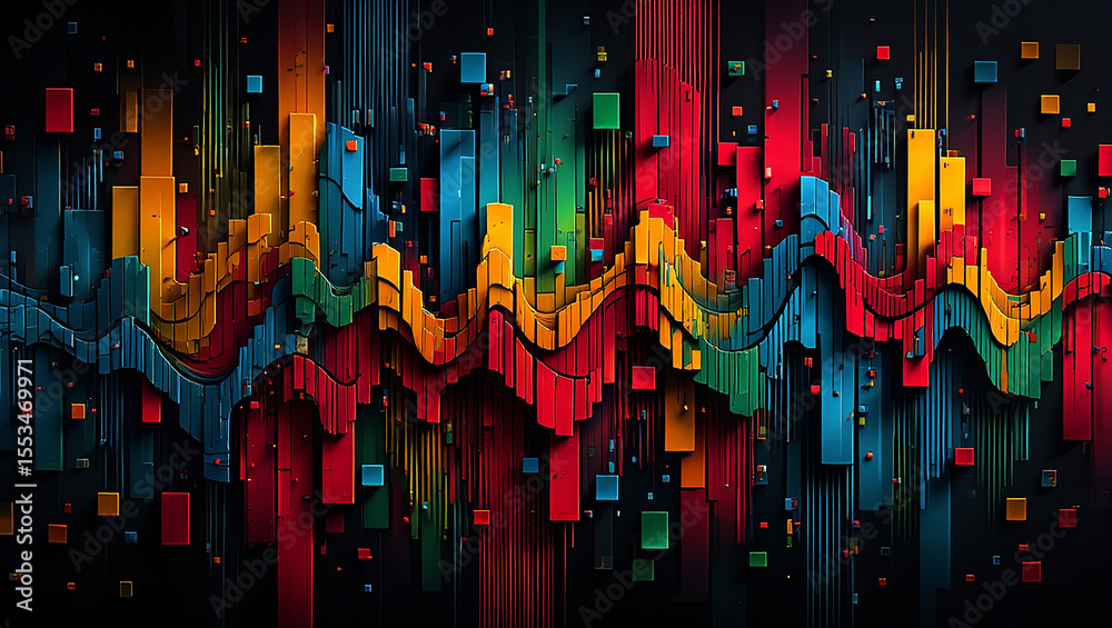 Obraz premium Vibrant abstract waveform of colorful bars and squares against a dark background