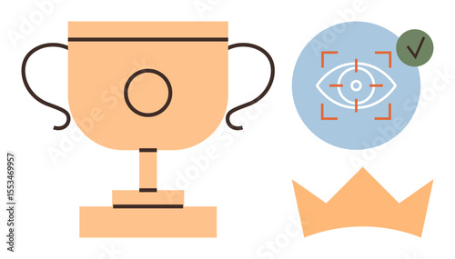 Trophy symbolizes success, crown represents leadership, vision targeting suggests goal-setting. Ideal for success, leadership, achievement, focus, goal-setting recognition ambition. Simple flat