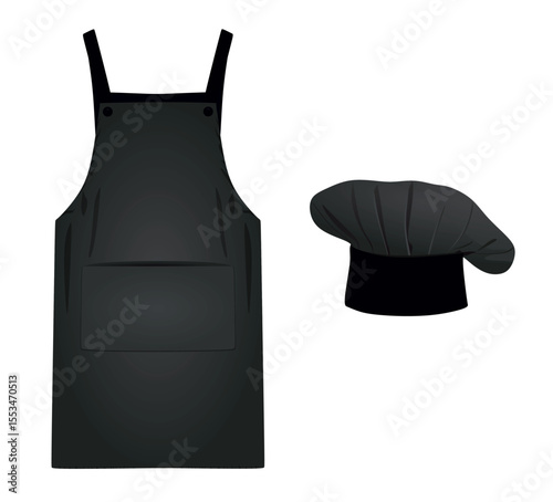 Black kitchen apron and cap. vector illustration	