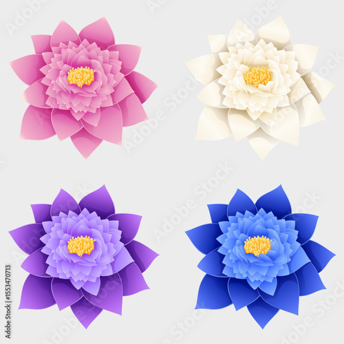 Set of colorful lotus flowers isolated on white background. Vector illustration.