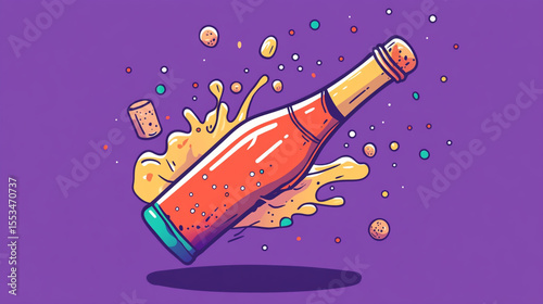 Vector illustration of a champagne bottle popping with cork flying and bubbly spray, clean lines, vibrant and festive style