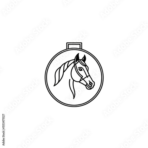Horse head icon in circular medal design style with outline  