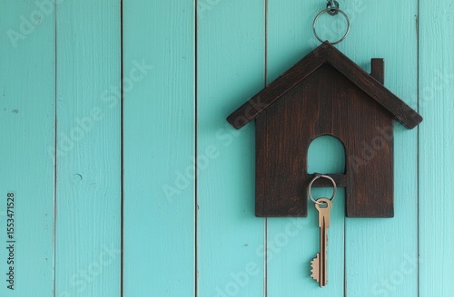 Wooden House Key Holder with Key on Turquoise Background