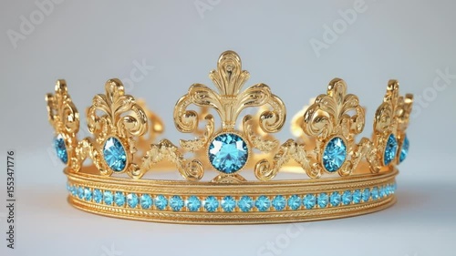 A luxurious gold crown adorned with sparkling blue crystals on a clean white surface, perfect for decoration or jewelry display