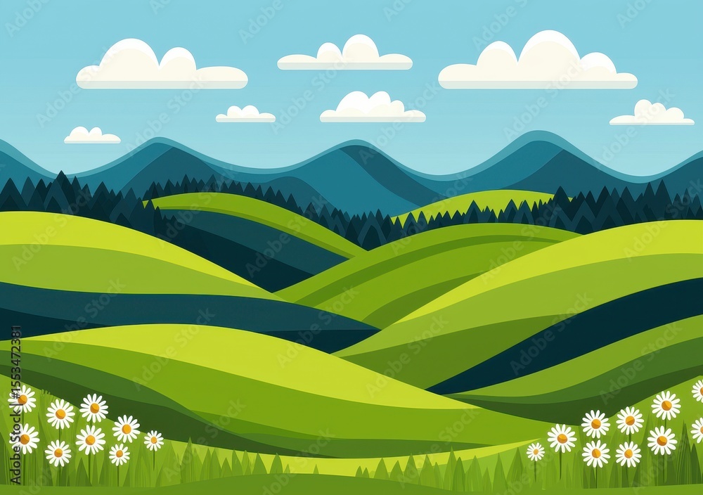 Obraz premium Vibrant Green Hills with Daisy Flowers and Blue Sky Background