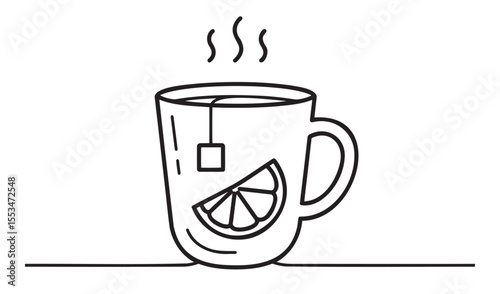 Cup of lemon tea for cold relief, warm beverage, soothing ingredients, simple outline design