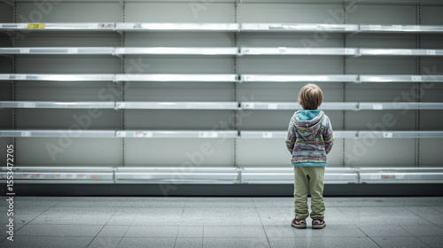 child staring at empty shelves, reflects economic imbalance