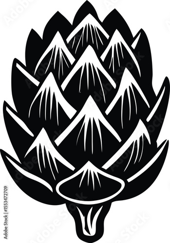 Stylized black and white artichoke silhouette with abstract leaf patterns and a stem base