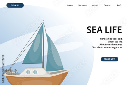 Yacht. Boat with sails. Marine, sea coast, sea life, nautical concept. Vector illustration. Website, banner template.