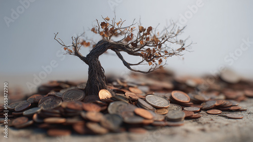 wilted tree growing from a pile of coins, blending