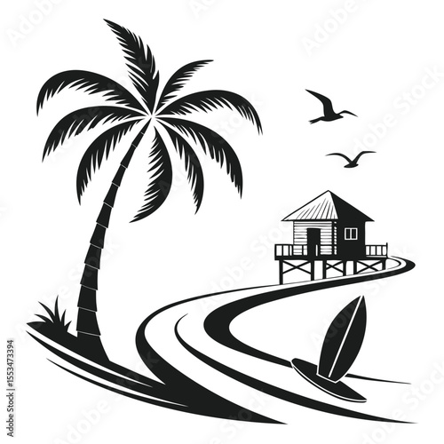 Tropical Beach Silhouette Logo with Palm Tree and Hut