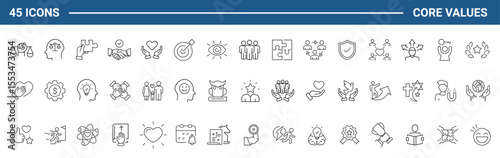Core value set of web icons in line style. Core values icons for web and mobile app. Performance, innovation, goals, integrity, customer, commitment, quality, teamwork. Vector illustration