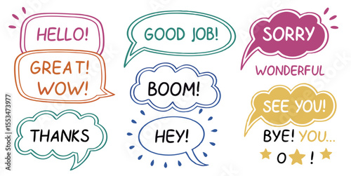 Collection of colorful hand drawn speech bubbles with positive and common phrases