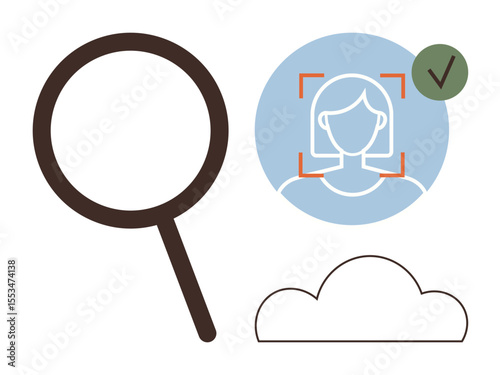 Magnifying glass, facial recognition profile with verified checkmark, and cloud outline. Ideal for security, verification, technology, biometrics, privacy data storage and innovation. Simple flat