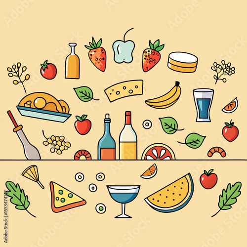 A delightful assortment of fresh food and drinks arranged in a playful pattern