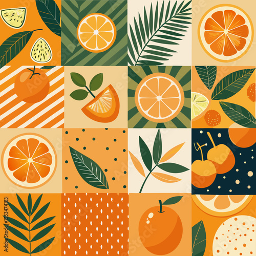 Vibrant citrus fruit and leaf pattern collage in a patchwork design