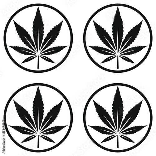 Four black and white stylized marijuana leaf icons in circles