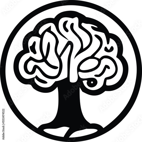 Stylized black and white icon of a tree with brain like branches symbolizing knowledge growth and mental well being