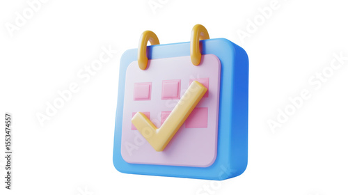 Cute Calendar Symbol Icon with Checkmark 3D Illustration on white background 