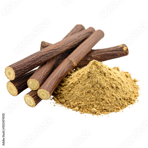 Licorice root sticks placed next to a small mound of ground licorice powder.