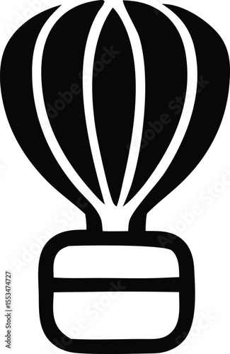 Simple black and white icon of a hot air balloon with a basket representing travel and adventure