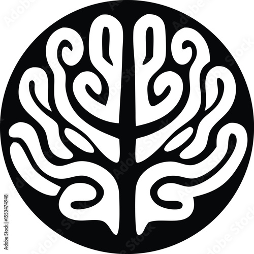 Stylized black and white circular maori koru inspired design resembling a tree or plant with swirling branches and roots