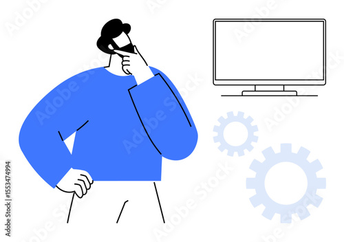 Person in a thoughtful stance, hand on chin, next to a computer monitor and gear icons. Ideal for problem-solving, innovation, business strategy, creativity, planning, productivity simple flat