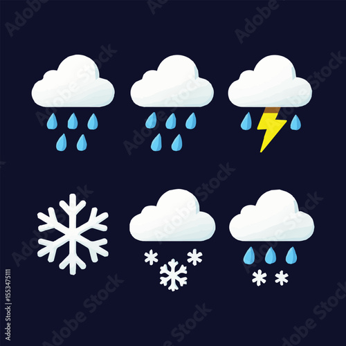 Weather Forecast Featuring Clouds with Rain, Lightning, and Snow, Set Against a Dark Background, Capturing Winter and Stormy Seasons