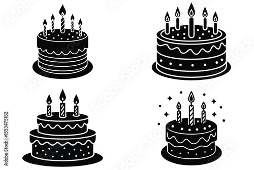 Collection of four black silhouette birthday cakes with candles
